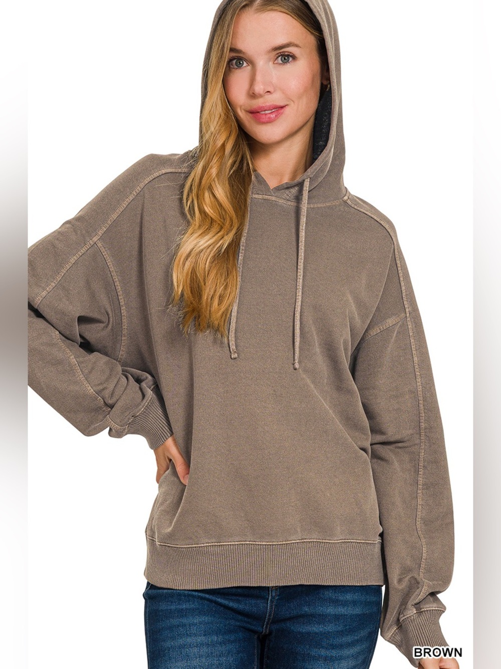 Zenana Brown Pigment Dye & Enzyme Washed French Terry Hoodie